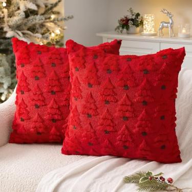Imagem de MIULEE Capas de almofada decorativas para árvore de Natal, capas de almofada de lã sintética, conjunto de 2 almofadas de sofá, decoração de casa para sofá, sala de estar, cama, 45 x 45 cm, vermelho