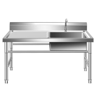 Imagem de Pia de aço inoxidável, pia utilitária, pia de cozinha, pia de lavanderia de tigela única independente, pia interna e externa com bancada de trabalho, para lavanderia, jardim, garagem, restaurante