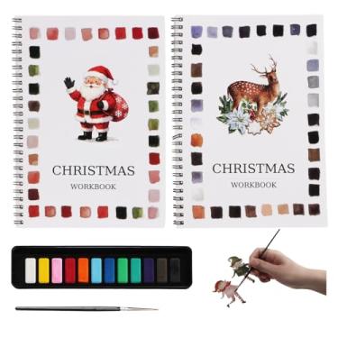 Imagem de 2 peças de caderno de exercícios aquarela, conjunto de aquarela de viagem, livros de pintura em aquarela, kit de livro de pintura com conjunto de tinta aquarela de 12 cores e pincel - presente de