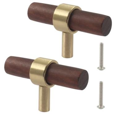 Imagem de Piutouyar 2 puxadores de armário de nogueira, puxadores de gaveta de madeira de orifício único, puxadores de barra em T de 60 mm/2,36 polegadas com parafusos, puxadores de cômoda de latão para cozinha