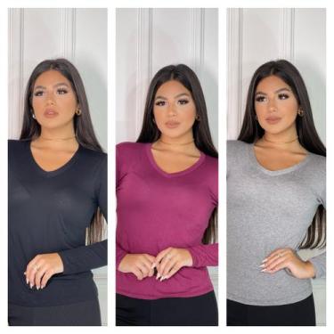 Imagem de Kit 3 Blusas feminina lisa manga longa gola v - GK TODA BELA, Preto, V