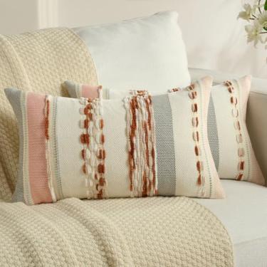 Imagem de FUTEI Capa de almofada boho branca bege enferrujada 30,5 x 50,8 cm, conjunto de 2, fronhas modernas com detalhes listrados texturizados, travesseiros de fazenda para sofá-cama
