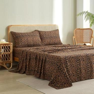 Imagem de LifeTB Jogo de lençol King com estampa de oncinha e leopardo, microfibra macia, marrom, leopardo, com bolso profundo de 40,6 cm, 4 peças, lençol de cama e fronhas tamanho king size vintage com estampa