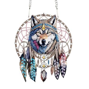 Imagem de LazyFold 1 kit de pingente de arte de diamante para adultos, lobo tribal, faça você mesmo, kits de pingente de pintura de arte de diamante de forma especial, ornamento de pintura de apanhadores de sol