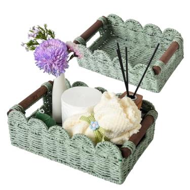 Imagem de Jdvads Conjunto de 2 caixas de papel higiênico, cesta pequena recortada à mão com alças embutidas, organizador de cesta de banheiro de vime para casa, sala de estar (verde)