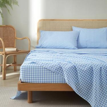 Imagem de Jogo de lençol casal azul guingão, respirável, macio, 100% algodão lavado, xadrez azul com bolso profundo de 40,6 cm, conjunto de lençóis de cama xadrez vintage de 4 peças