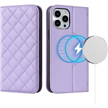 Imagem de MURVE Capa carteira para iPhone 14/14 Plus/14 Pro/14 Pro Max, capa de telefone magnética flip de couro com porta-cartões, bloqueio RFID, cobertura total 360 (cor: roxo, tamanho: 14 Pro 6,1")