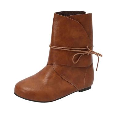 Imagem de Botas femininas de inverno curtas cano alto sólido bico redondo cadarço sola plana tornozelo, Amarelo, 35