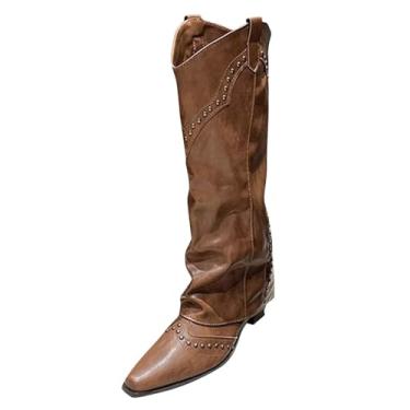 Imagem de Botas femininas estilo caubói ocidental com detalhe de metal, salto grosso, plataforma no tornozelo, para outono e inverno, casual, meio da panturrilha, Marrom, 35
