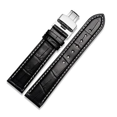 Imagem de MURVE Pulseira masculina de couro genuíno com fecho de borboleta Croco 12 13 14 15 16 17 18 19 20 21 22 23 24 mm (preto e branco, 19 mm)