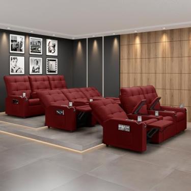 Imagem de Poltrona do Papai Reclinável Sala de Cinema Movie 3 Lugares Manual Baú USB Veludo Vermelho