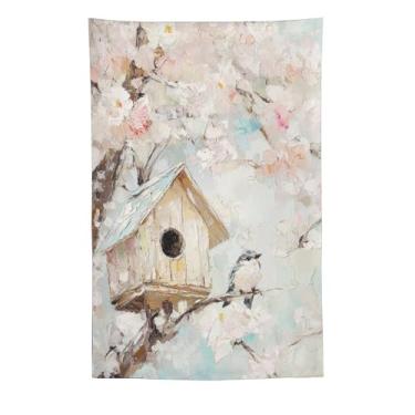 Imagem de Tapeçaria de flor de cerejeira Spring Birdhouse, pintura a óleo, decoração de parede de árvore de pássaro fofo, decoração de jardim sazonal suave para sala de estar, quarto, decoração de arte de