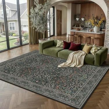 Imagem de HUGEAR Tapetes vintage florais laváveis 12 x 18 cm, preto e verde - estilo oriental neutro retrô, resistente a manchas, antiderrapante, para crianças e animais de estimação, para sala de estar, quarto