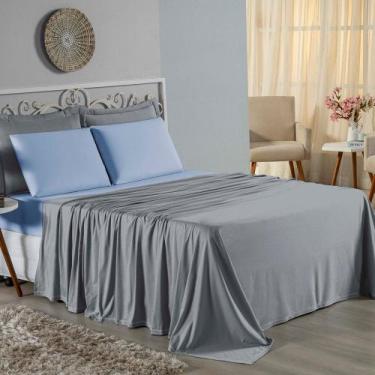Imagem de Jogo de Cama Casal Viúva Nobre 4 Peças Malha 100% Algodão - Cinza / Az