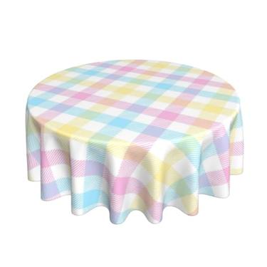 Imagem de GOLIANDA Toalha de mesa redonda xadrez de Páscoa, 177 cm, colorida, rosa, amarela, azul, buffalo, xadrez, tecido de poliéster, decorações de primavera, capa de mesa redonda para festa em casa, cozinha