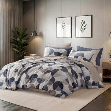 Imagem de Regency Heights Conjunto de edredom casal com estampa em três tons, 9 peças, edredom e lençol de microfibra ultramacia, quente e aconchegante para todas as estações, azul marinho e cinza