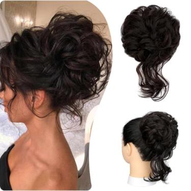 Imagem de Rabo de cabelo bagunçado, rabo, penteado despenteado, com gavinhas, ondulado, cacheado, coque, rabo-de-cavalo, elásticos para mulheres, marrom escuro