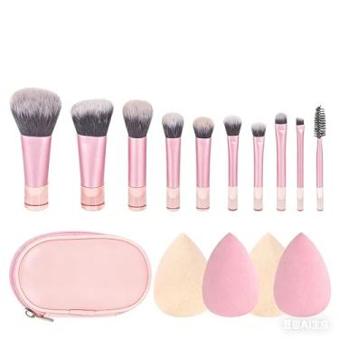 Imagem de Pincéis de maquiagem, kit de pincéis sintéticos, base em pó, corretivo, blush, marca-texto, conjunto de pincéis com 4 peças de esponja de maquiagem e bolsa de cosméticos para mulheres