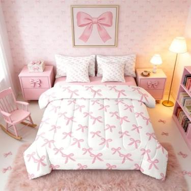 Imagem de Erosebridal Conjunto de edredom para meninas com gravata borboleta e laço fofo em uma bolsa, tamanho casal, 7 peças, decoração de quarto de princesa, roupa de cama com lençol