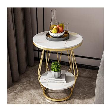 Imagem de Mesa lateral redonda moldura de metal pesado pequena mesa de centro escritório sala de estar sofá mesa de cabeceira criativa 2 camadas mesa de canto de ardósia mesa de salão (cor: B) (A)
