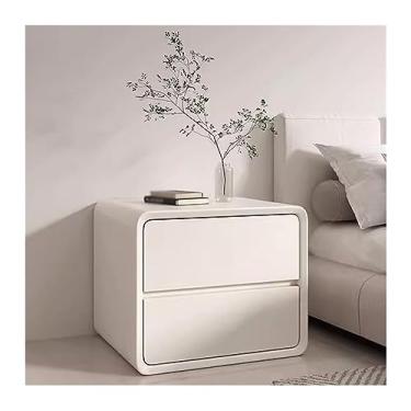 Imagem de Mesa de cabeceira moderna de madeira com duas gavetas sem alças de couro de microfibra, mesa de cabeceira branca/cinza/curry/laranja, móveis de cabeceira, grande espaço, armazenamento prático (branco