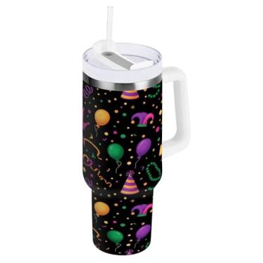 Imagem de Blueangle Copo isolado Carnaval de 850 g Carnaval com alça e tampa de palha, caneca de viagem reutilizável de aço inoxidável (573)