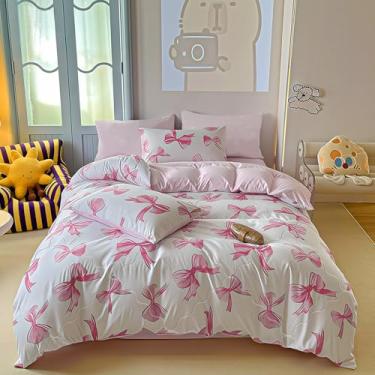 Imagem de Wajade Jogo de cama casal de 7 peças com laço rosa em uma bolsa (1 edredom, 1 lençol de cima, 1 lençol com elástico, 2 fronhas e 2 fronhas)
