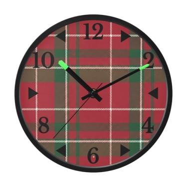 Imagem de STAYTOP Relógio de parede LED com padrão de grade de búfalo vermelho e verde para quarto com brilho noturno, relógios de parede silenciosos de 30 cm para decoração de sala de estar, controle de som