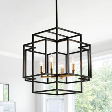 Imagem de WJShome Lustre de 4 luzes preto e dourado, lanterna de fazenda, luminárias industriais de foyer de teto, lustres modernos para sala de jantar, para escadas de entrada de ilha de cozinha