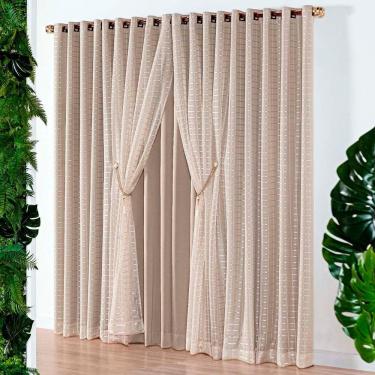 Imagem de Cortina Realce 3,00M X 2,50M Tecido Semi Blackout Com Voil Xadrez Varão Simples 3M - Avelã