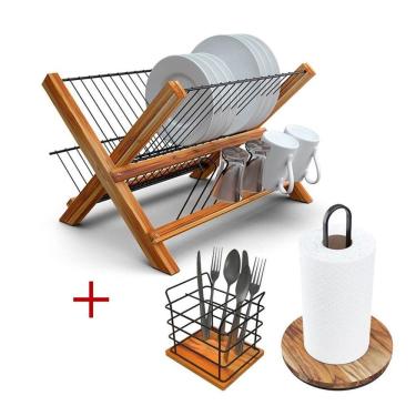 Imagem de Kit Escorredor De Madeira + Porta Talheres + Porta Papel Toalha - Stolf
