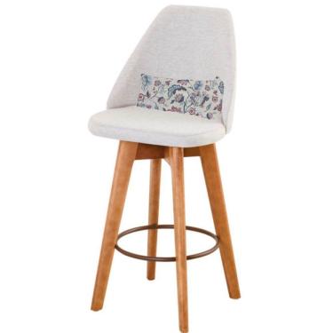 Imagem de Kit 07 Banquetas Alta Maya Giratória Com Encosto Gourmet Linho Bege e Almofada Flores - Aurora Line