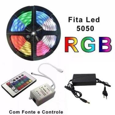 Imagem de Fita Led Rgb 5050 Rolo 5m 300 Leds Ip65 + Controle + Fonte Varias Core