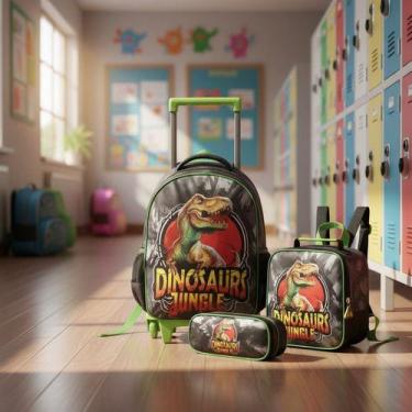 Imagem de Mochila Escolar Estojo Lancheira Dinossauro Jungle Denlex Verde-escuro