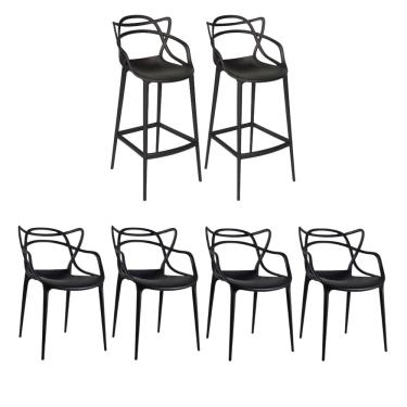 Imagem de Kit 2 Banquetas Allegra Altas e 4 Cadeiras Masters em Polipropileno, Preto, Laváveis para Praia, Bar, Cozinha e Piscina