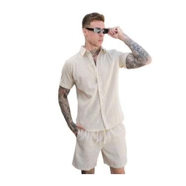 Imagem de Conjunto de Linho Masculino Camisa Botão Linho Bermuda Linho - Mitchel