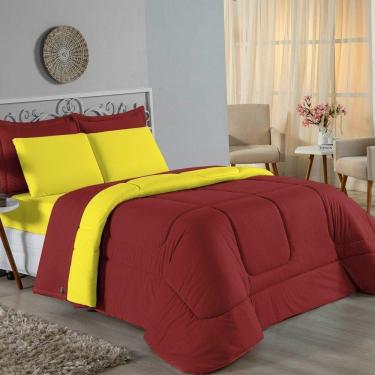 Imagem de Kit Edredom Dupla Face + Jogo De Lençol Solteiro Nobre 5 Peças Malha 100% Algodão - Vinho / Amarelo
