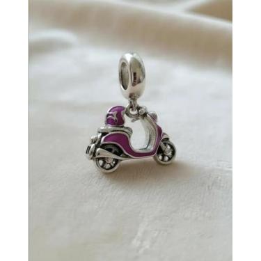 Imagem de Lindo Berloque Pendente Scooter Moto Prata Esmaltado Rosa - Candeva