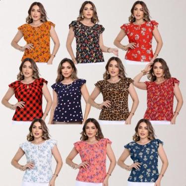 Imagem de Kit 10 Blusinhas Crepinho Social Feminina Estampas Lindas Cor:Variadas