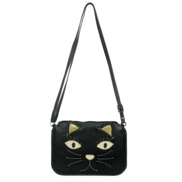Imagem de Bolsa Transversal Feminina Preta Tiracolo Gato em Couro - Madamix