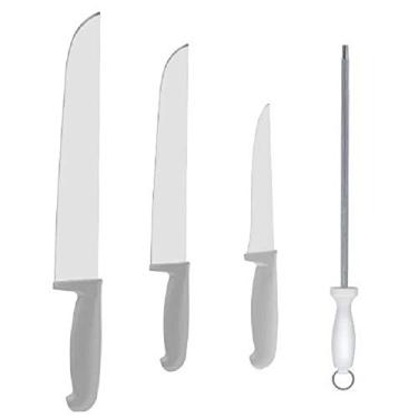 Imagem de Kit Faca Açougueiro Churrasco Cozinha Aço Inox 6" 8" 12" Chaira Cabo Branco 4UN