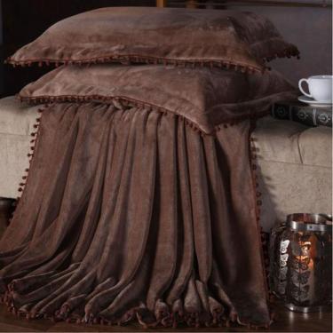 Imagem de Cobertor Manta Plush Queen Com Pompom Alaska 3 Peças Marrom - Casa Sho