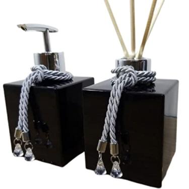 Imagem de Kit Lavabo Aromatizador E Porta Sabonete Líquido - Dispenser Organizador Banheiro - Jogo Para Banheiro - Preto - Luiggi Presentes® (Preto e Prata)