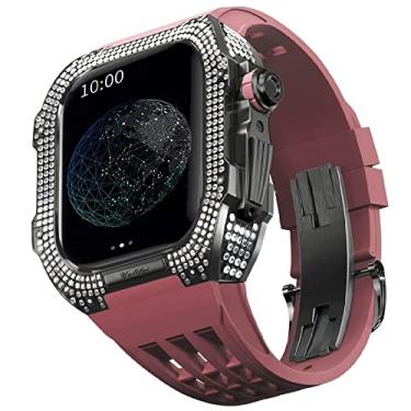 Imagem de TONECY Pulseira de borracha Moldura de titânio para Apple Watch 7/6/5/4/SE Apple Mod Watch Acessório Substituição Titânio Luxo Case Compatível com IWatch Series 44mm com Ferramenta