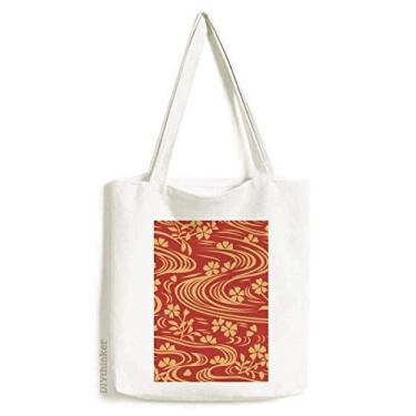 Imagem de Bolsa de lona com flor de cultura japonesa vermelha encaracolada bolsa de compras casual