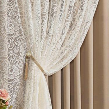 Imagem de Cortina Monalisa 2,00M X 1,70M Tecido Blackout Com Renda Floral Luxo Varão Simples - Chocolate