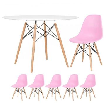 Imagem de Mesa Redonda Eames 120cm Branco + 5 Cadeiras Rosa Claro
