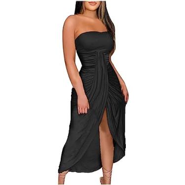 Imagem de Vestido feminino casual cor sólida cintura justo sem alças wrap busto fenda vestido maxi, Preto, 3G