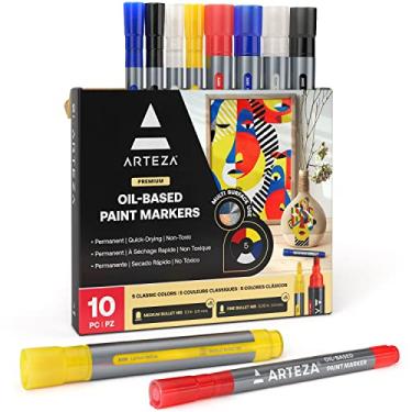 Imagem de ARTEZA Marcadores de tinta à base de óleo, pacote com 10, 5 cores clássicas, linha de 2,5 e 1,3 mm, marcador permanente com ponta de bala, pintura em rocha à prova d'água, materiais de artesanato e arte