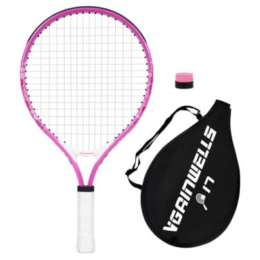 Imagem de vgainwells Raquete de tênis infantil de 43 a 58 cm para crianças de 2 a 9 anos, leve e durável, incluindo 1 fita de substituição e 1 raquete de tênis infantil (roxa)